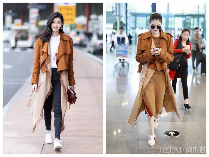维密超模何穗奚梦瑶撞衫，穿同一款拼色风衣，谁更好看？