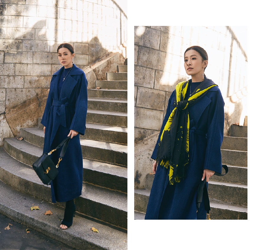 佘诗曼毛衣配短裙，同色系穿出高级感，她的搭配简直就是穿衣打扮的教科书