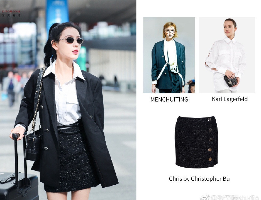 张予曦扎马尾辫发型搭配西装短裙,小鸟腿抢眼又抢镜