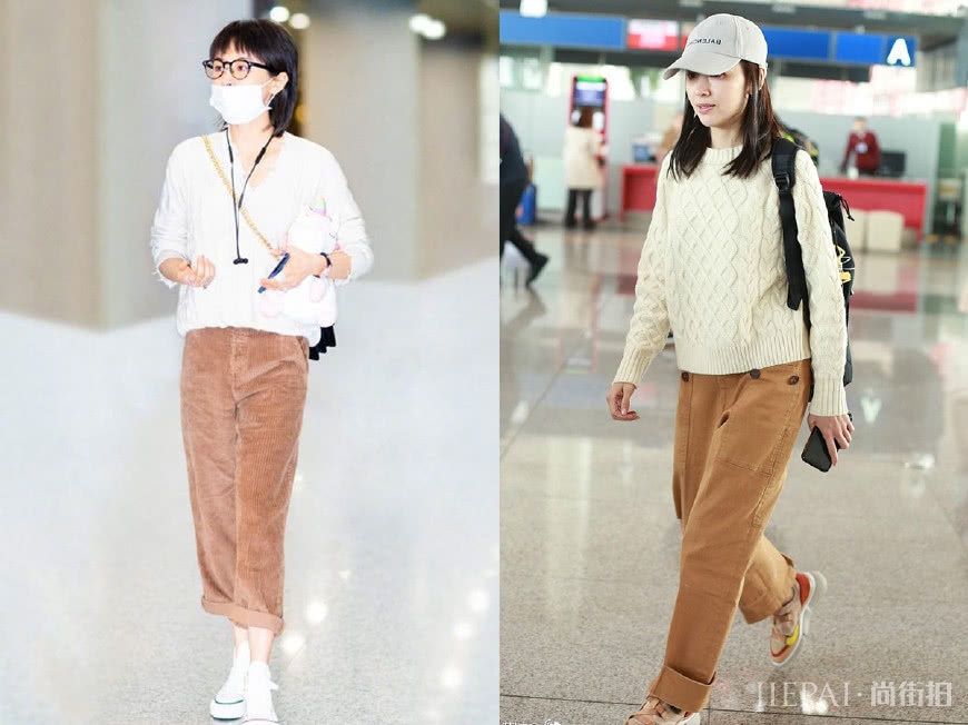 说土黄裤子穿着丑的,看看董洁和王子文的搭配,就知道什么叫美得高级了