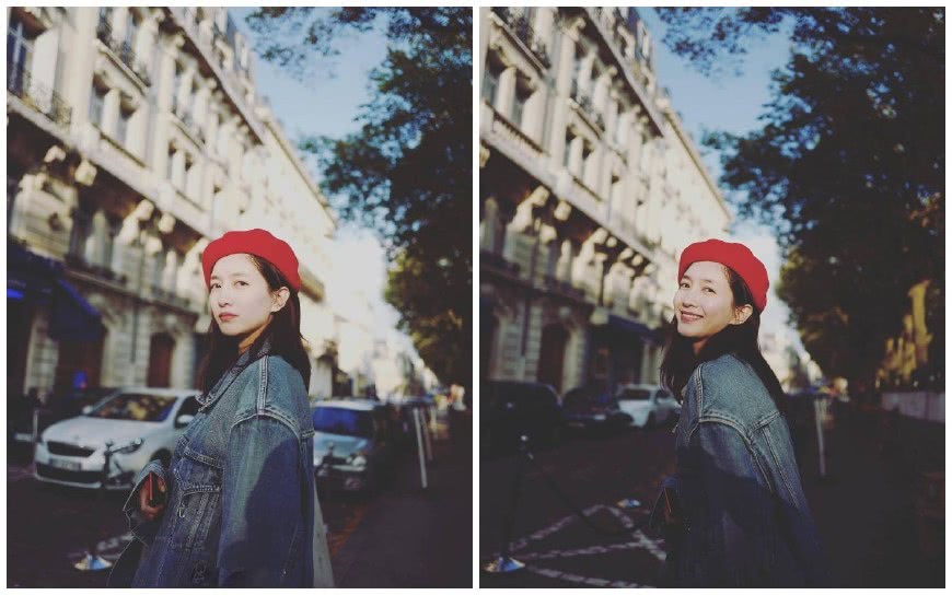 江疏影巴黎街拍，穿粉毛衣少女感十足，年轻10岁