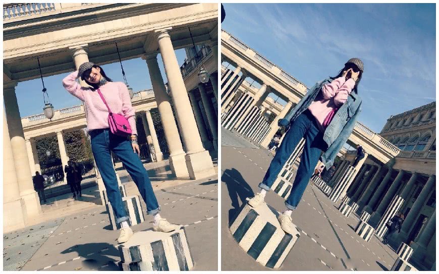 江疏影巴黎街拍，穿粉毛衣少女感十足，年轻10岁