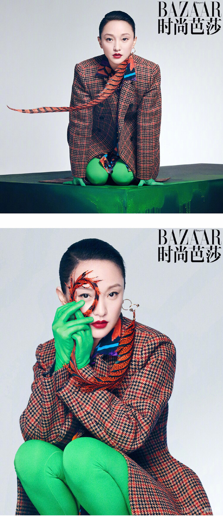 周迅登杂志发型干练红唇妖艳,没想到却把“洗碗手套”凹成了c位