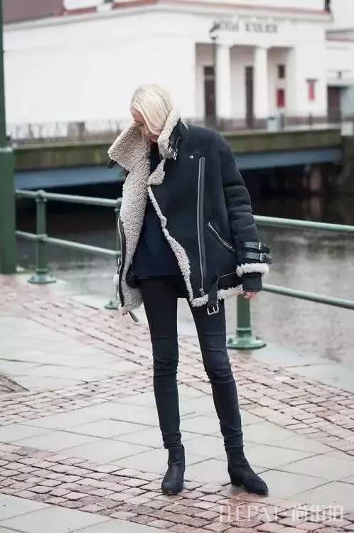欧美街拍 冬季街头绝杀款—羊羔毛飞行夹克
