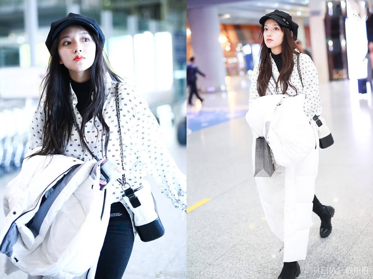 程潇裹羽绒服走机场，藏起“铁刘海”戴贝雷帽格外可爱！