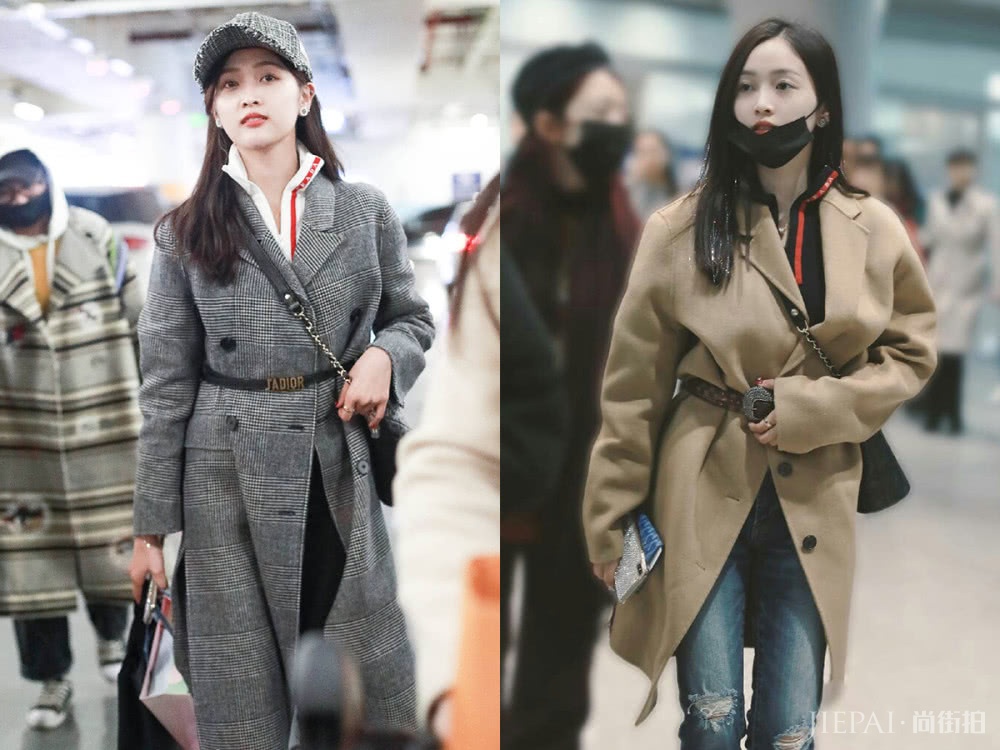 吴宣仪穿长款大衣走机场，系条腰带，显瘦显高变酷girl