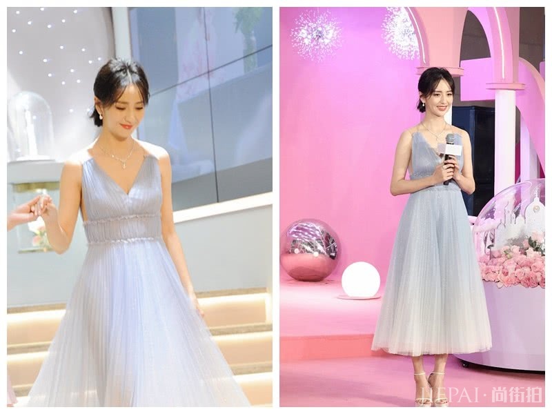 佟丽娅穿淡蓝纱裙宛若冰雪女王,未修图也很好看