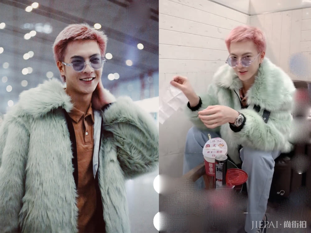 董岩磊染一头粉毛,大胆配绿色“貂”