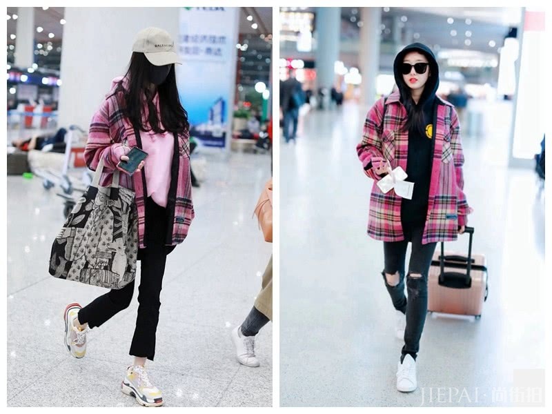蒋梦婕机场街拍撞衫杨幂,穿同一款粉色格纹外套,美得像少女