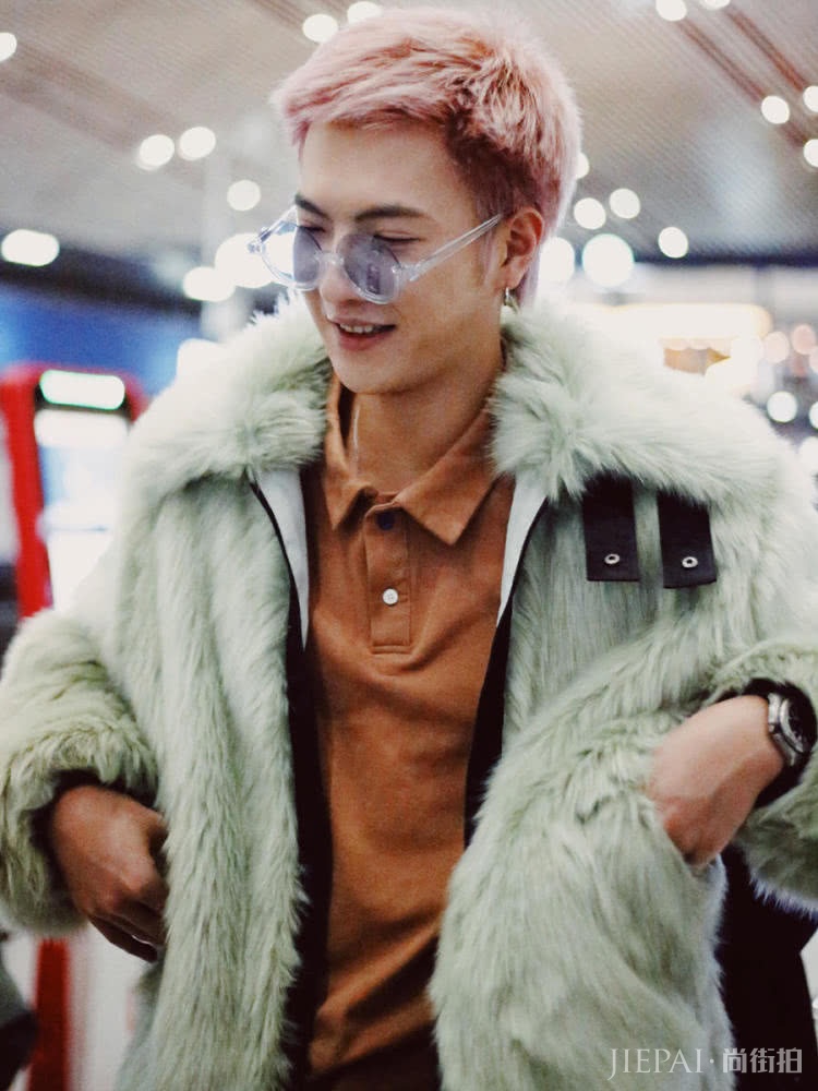 董岩磊染一头粉毛,大胆配绿色“貂”
