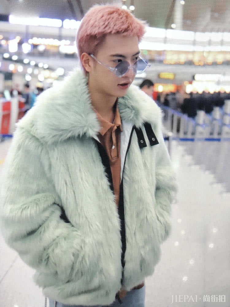 董岩磊染一头粉毛,大胆配绿色“貂”
