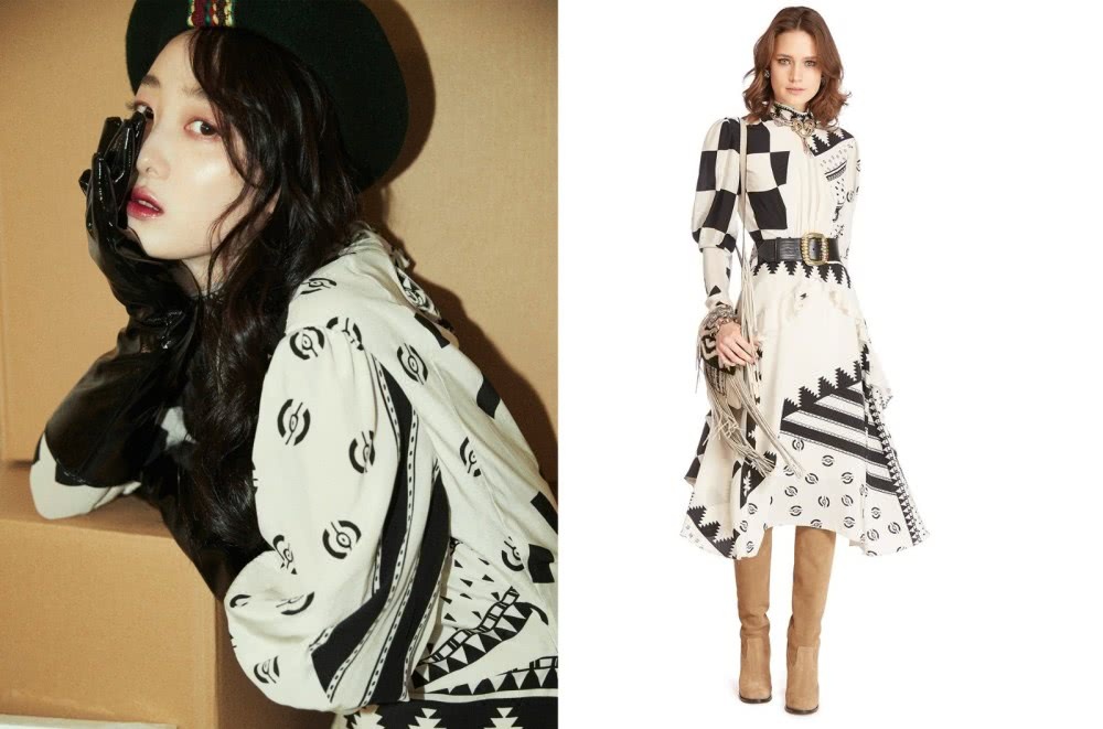 蒋梦婕黑白撞色裙搭配高筒靴子，穿起来比超模还要有气场