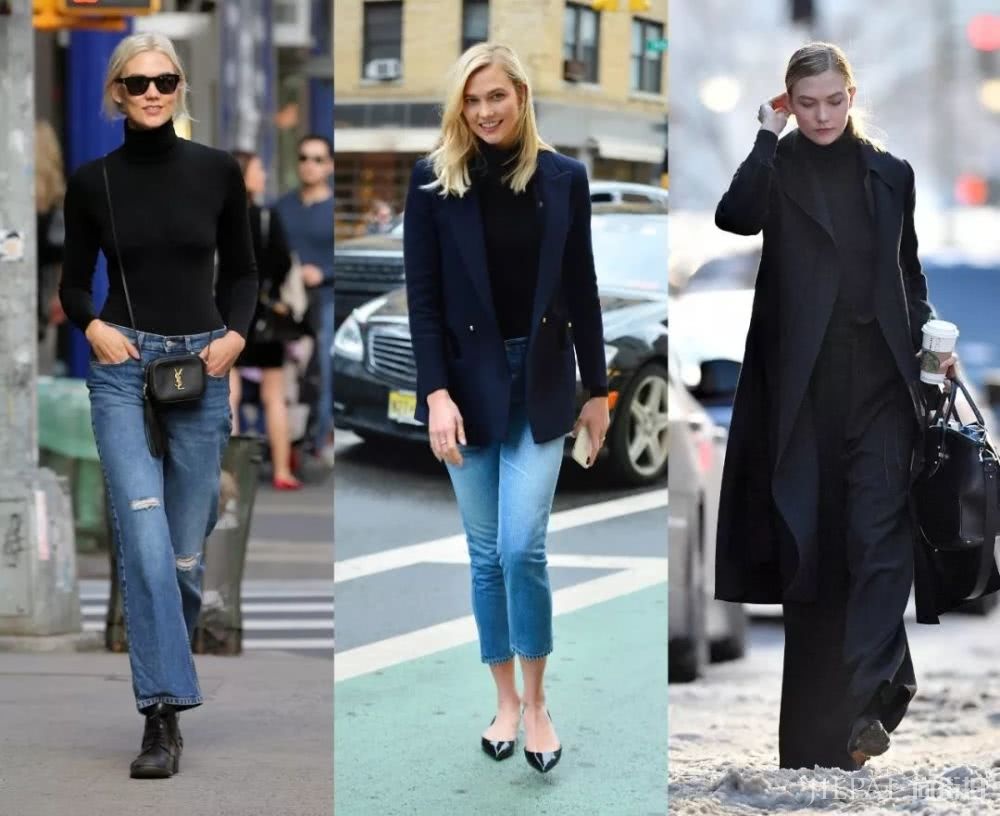 大衣羽绒服里面一件黑色打底衫全搞定