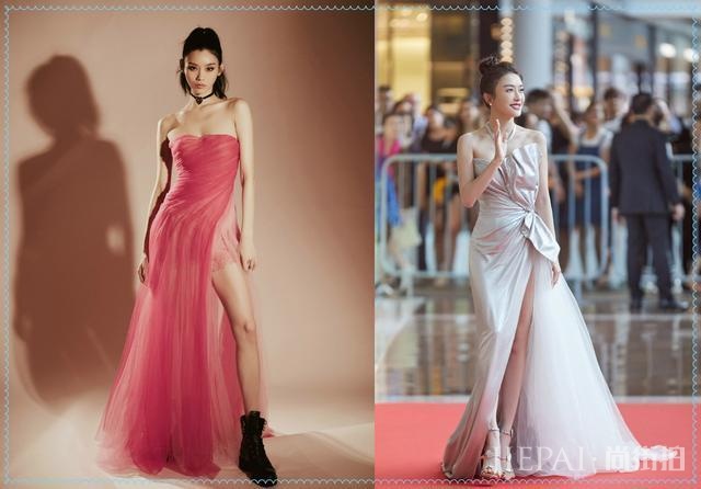 奚梦瑶和秦岚穿同款抹胸开叉裙,谁更美!