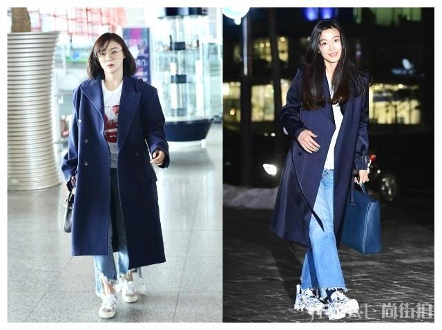 全智贤和袁姗姗同穿蓝色大衣!