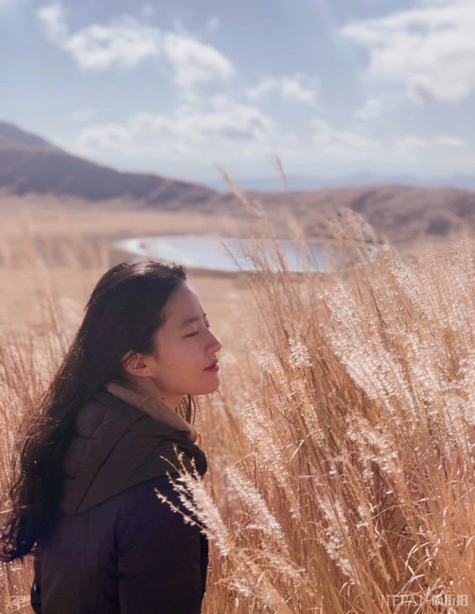 刘亦菲红色衣服搭配驼色发圈,却意外被墨镜抢镜