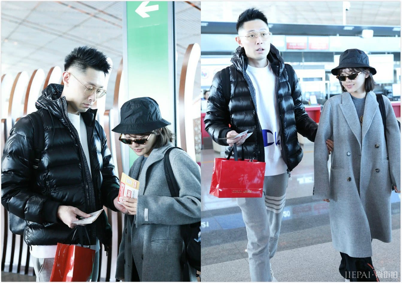 张嘉倪双排扣大衣配宽松休闲裤,同框老公秀恩爱,回头比心超甜蜜