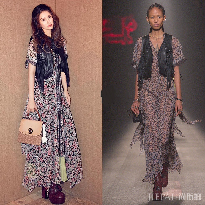 昆凌穿印花长裙纽约看秀,鞋子看起来跟她一个体重