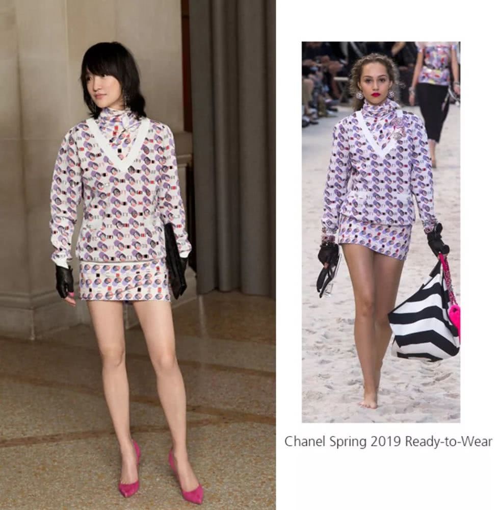 周迅一身香奈儿好品味，印花裙搭高跟把服装搭配玩得团团转