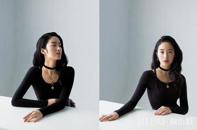 杨采钰穿黑色长袖配印花裙,内衣外穿成亮点