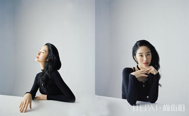 杨采钰穿黑色长袖配印花裙,内衣外穿成亮点