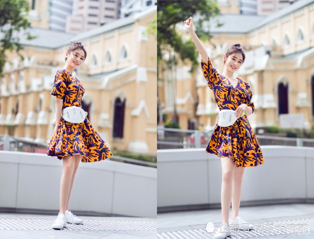 袁姗姗最新街拍,丸子头配连衣裙太减龄,尽显甜美少女风