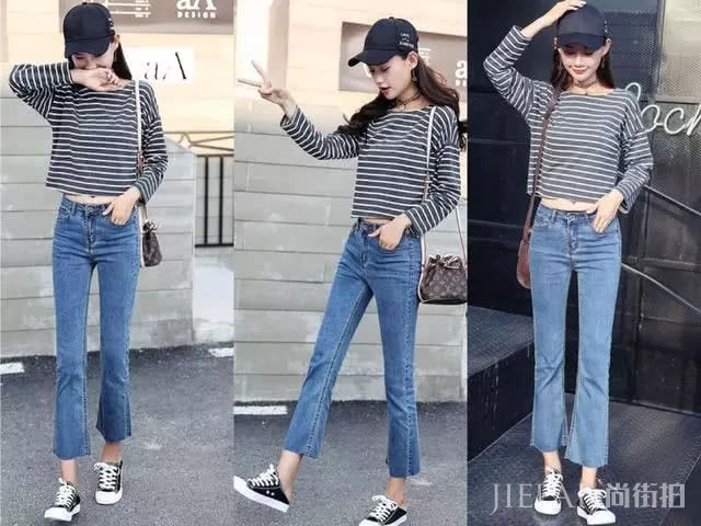 2019年流行“牛仔蓝色”八分裤,搭配宽松T恤超显瘦