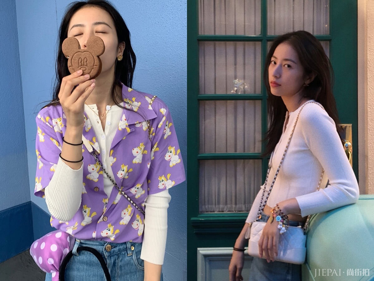 周雨彤晒游玩私服，叠穿紫色衬衫太美丽