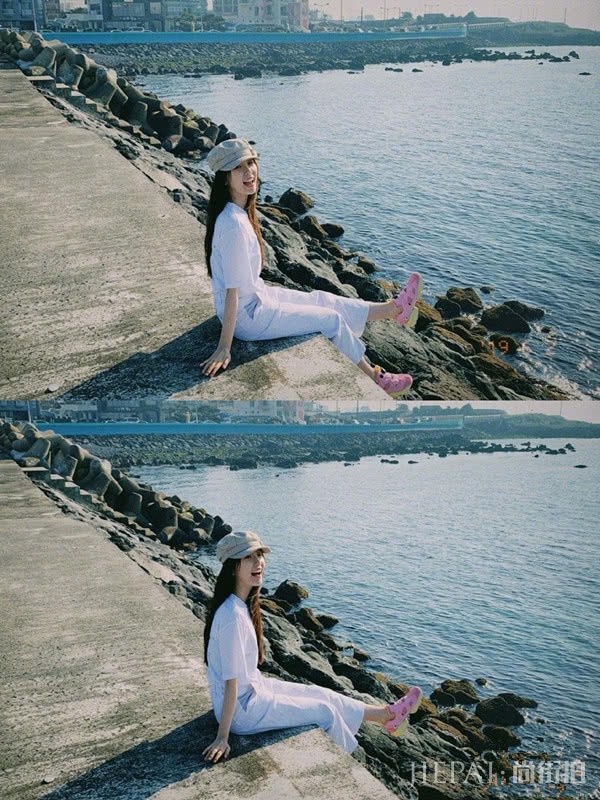 虞书欣穿绿色连体裤晒旅拍照清新可爱，成少女出游穿搭模板