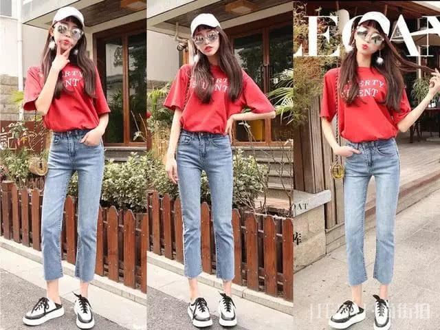 2019年流行“牛仔蓝色”八分裤,搭配宽松T恤超显瘦
