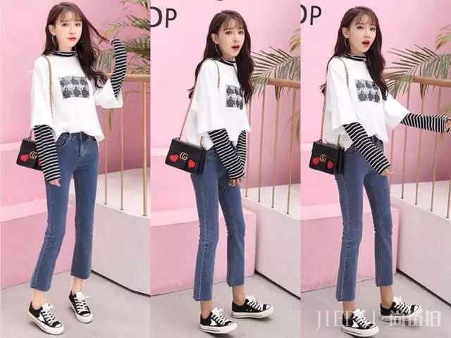 2019年流行“牛仔蓝色”八分裤,搭配宽松T恤超显瘦