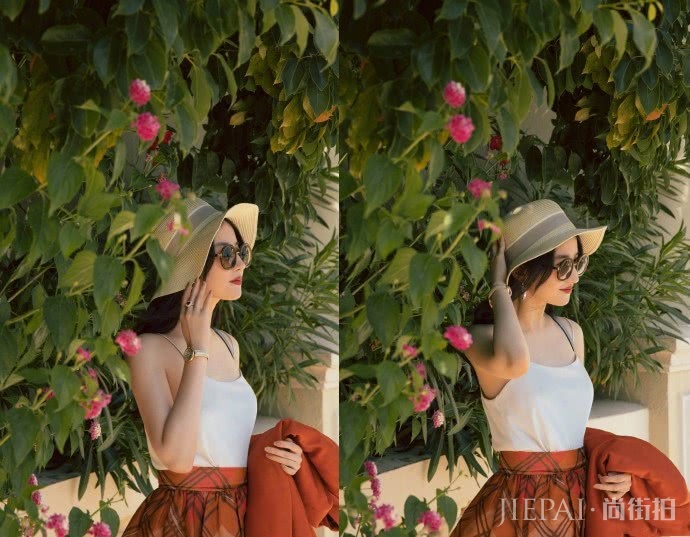 刘亦菲一身橙色西装短裙装扮,内搭白色吊带变夏日风情少女