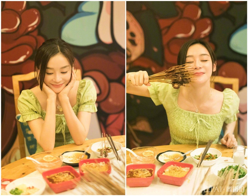 袁姗姗穿牛油果出街，褶皱裙秀出曼妙身材