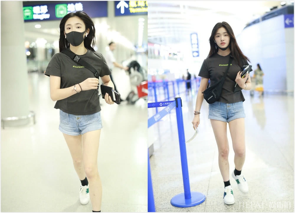 林允穿T恤配短裤,踩小白鞋赶飞机很接地气