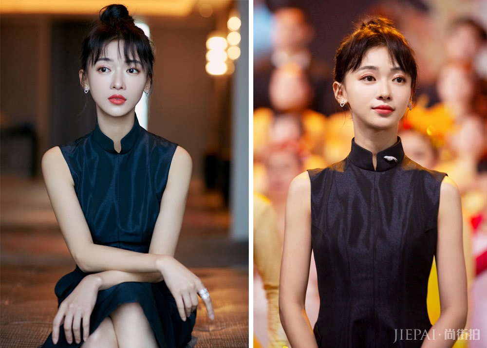吴谨言穿9000黑色连衣裙,扎丸子头搭出古典美,细腰红唇好撩人