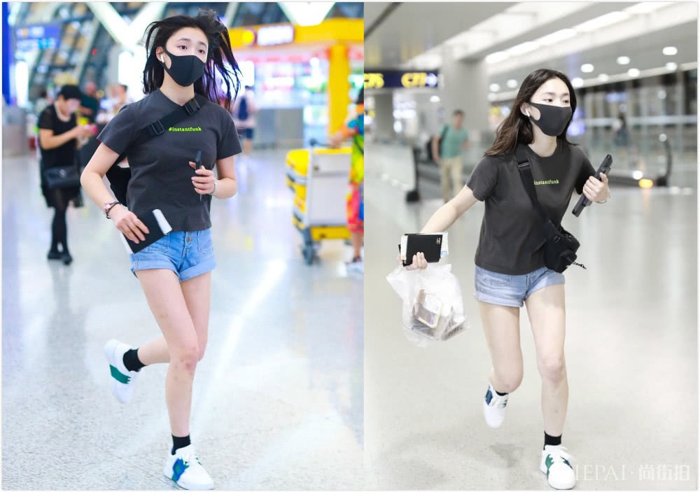 林允穿T恤配短裤,踩小白鞋赶飞机很接地气