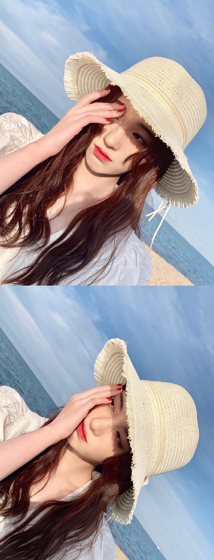 鞠婧祎海边仙气白裙甜美图片