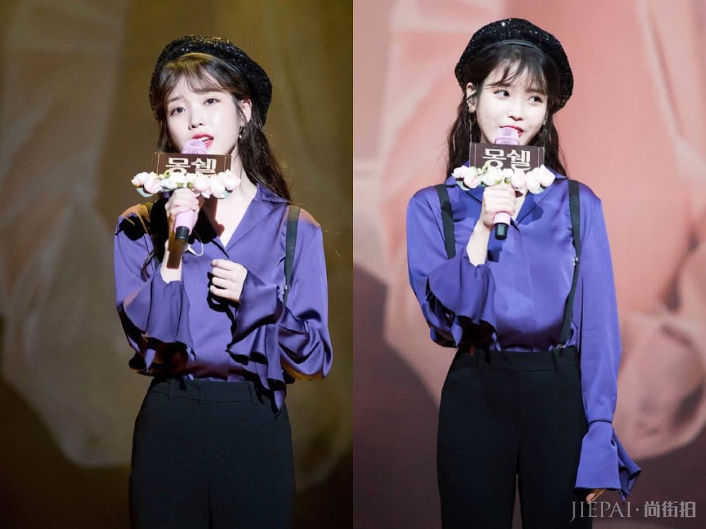 IU也太爱紫色了,从话筒到上衣再到裙子,统统都用紫色