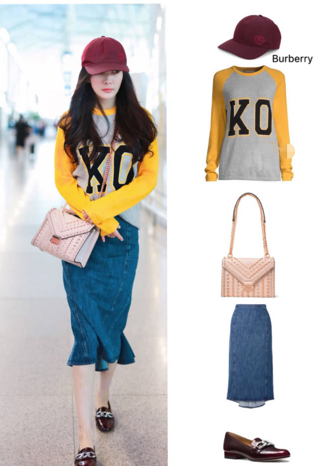 杨幂“带货女王”果然名不虚传，拼接色卫衣搭牛仔裙少女感十足