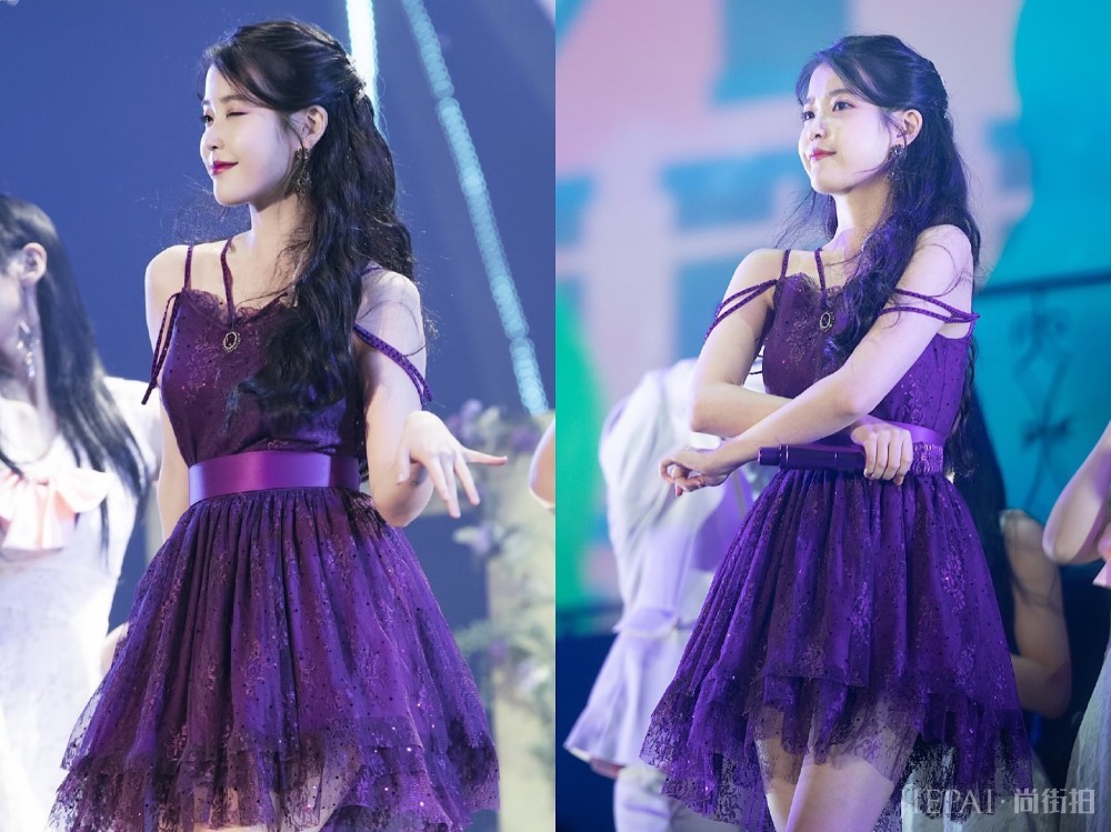 IU也太爱紫色了,从话筒到上衣再到裙子,统统都用紫色