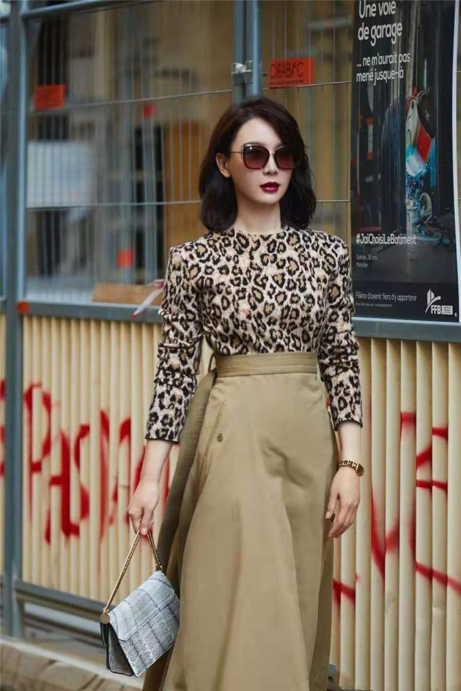 美女陈数颜值高任性,豹纹上衣搭配卡其色半裙意外时尚