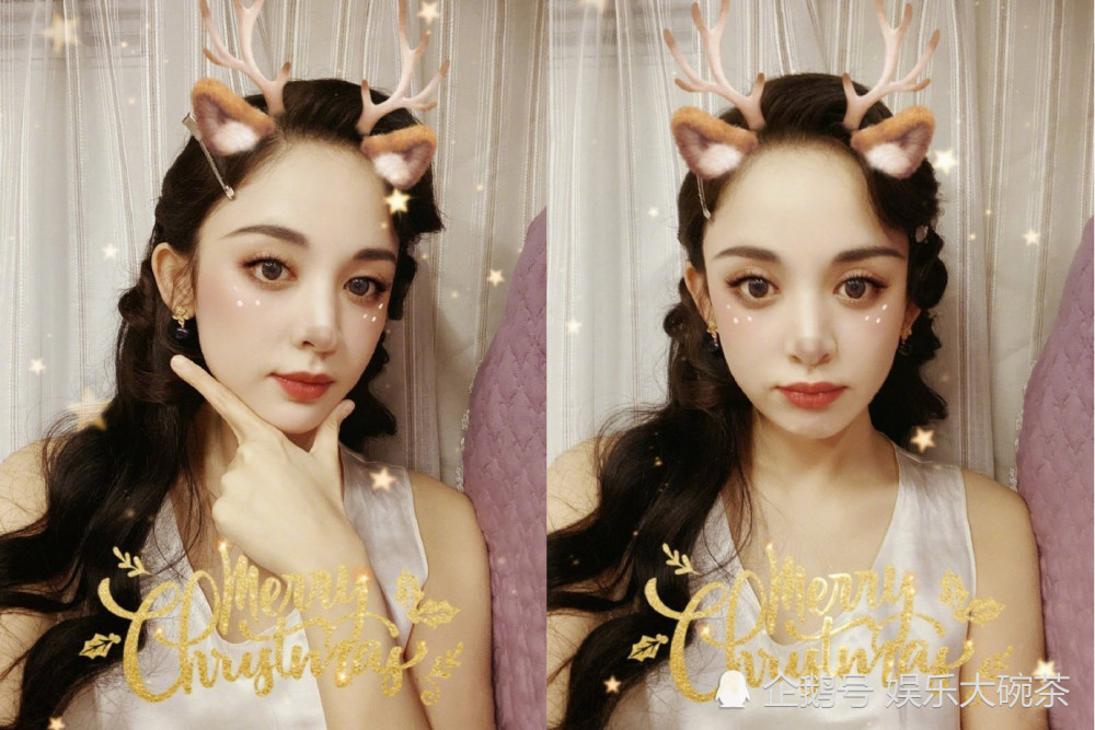 娜扎晒身穿白色上衣秀圣诞节美照，头戴白色网纱不仅优雅还甜美可爱