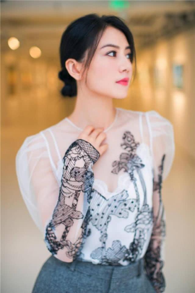 高圆圆薄纱刺绣衫配灰色阔腿裤,扎低盘发气质无敌了