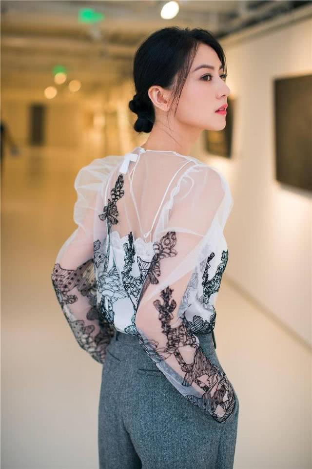 高圆圆薄纱刺绣衫配灰色阔腿裤,扎低盘发气质无敌了