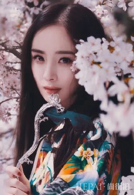 杨幂穿和服搭配樱花背景比花还美，淡妆太唯美