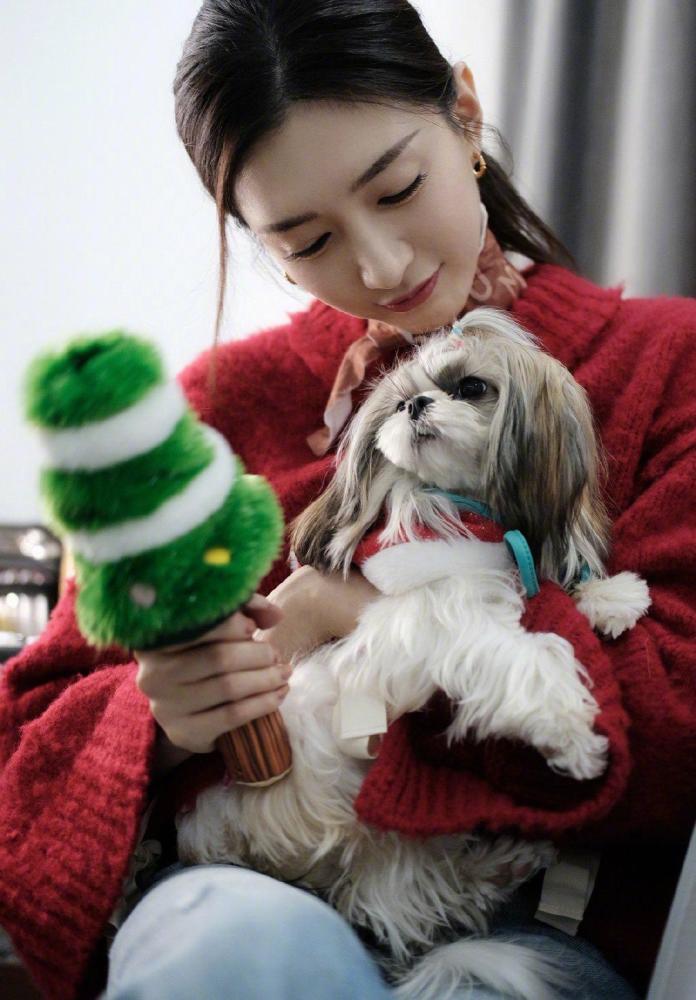 江疏影怀抱宠物出镜，红色毛衣配牛仔裤保暖又减龄