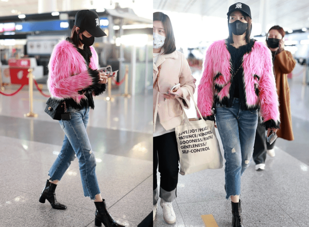 宋茜机场街拍：穿皮草像“火烈鸟”，冬天穿破洞牛仔裤让人看不懂