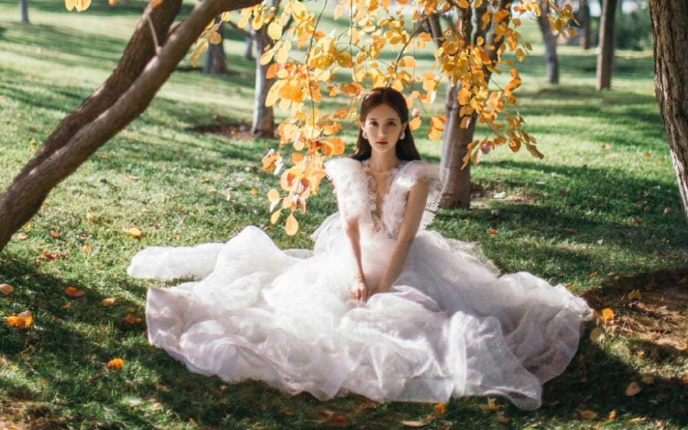 李一桐穿蕾丝纱裙仙气飘飘暖秋森林写真大片