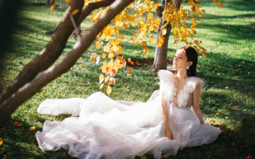 李一桐穿蕾丝纱裙仙气飘飘暖秋森林写真大片