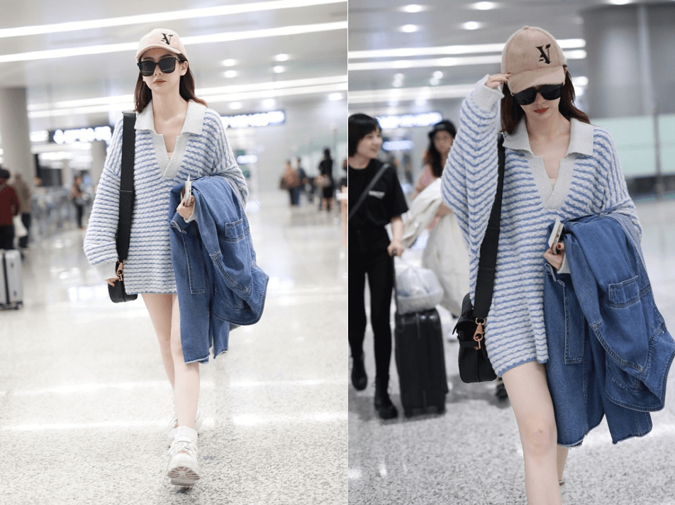 戚薇机场街拍:短发加上彩虹针织衫玩下身失踪,大长腿太性感